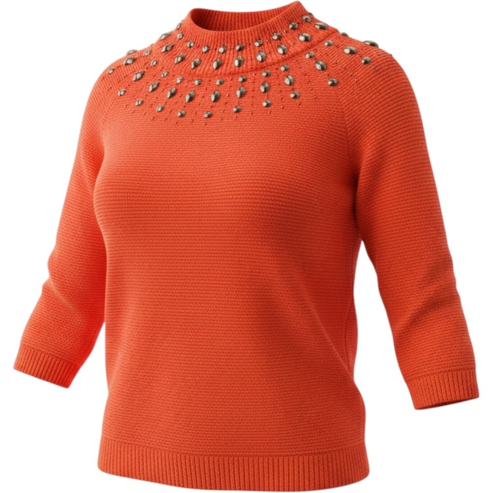 New York & Company Red Beaded Mock Neck Sweater Small Studded Knit Raglan
